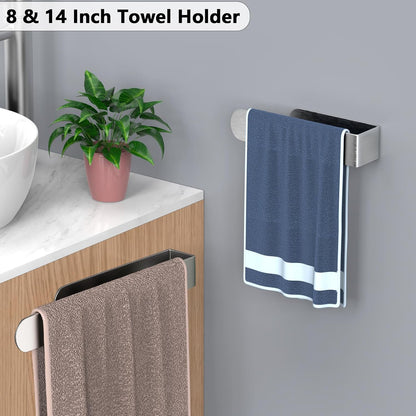 HUFEEOH 2 Pack Adhesive Hand Towel Holder, Kitchen Towel Rack Towel Bars Wall Mounted, Stainless Steel Bath Towel Hanger for Bathroom Hotel Kitchen (White, 8 Inch(2PC))