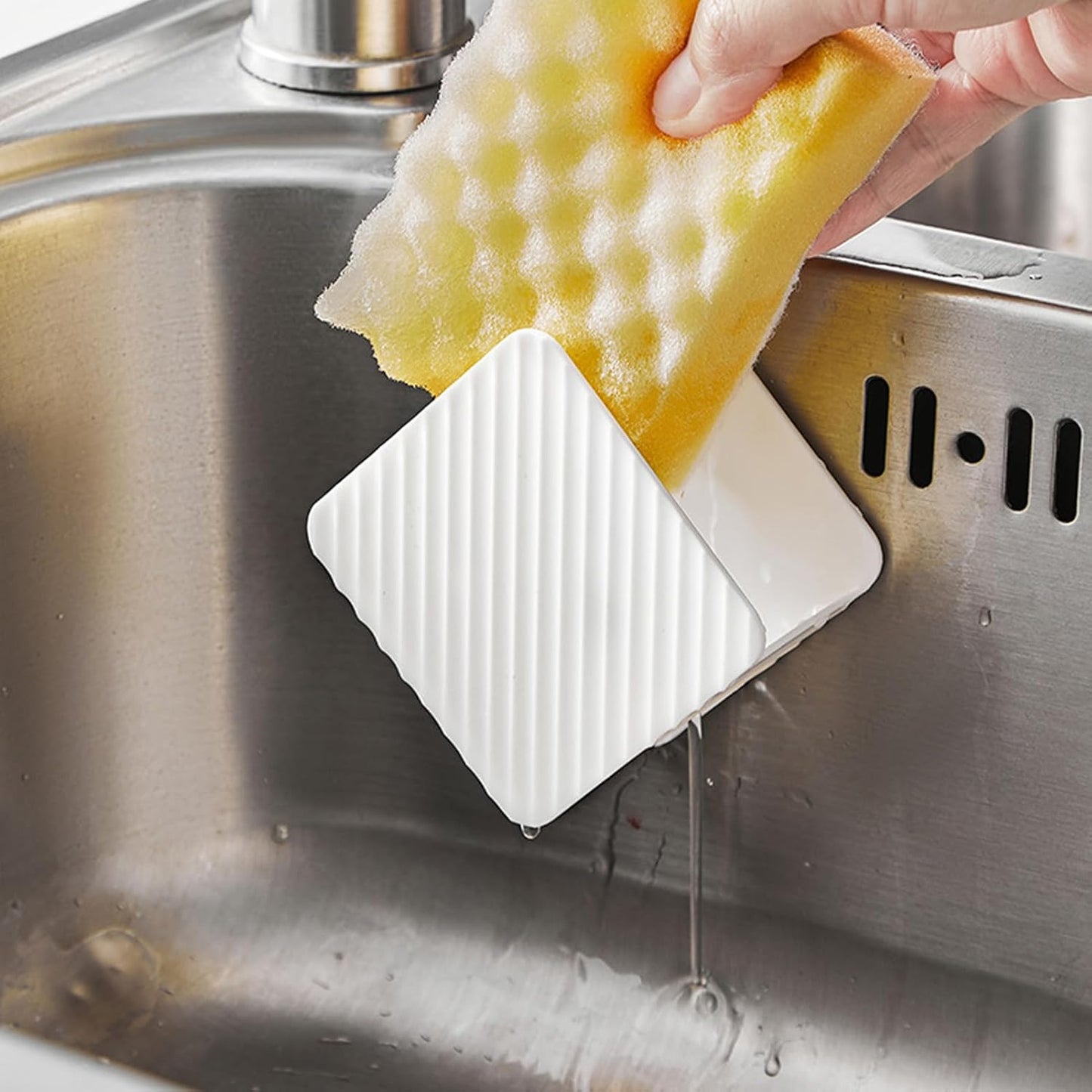 Cleaning Cloth Storage Rack, Perforation Frees Wall Hanging Sink Plastic Dishwashing Scrubber Organizer Dish Sponge Holder Drain Rack for Kitchen (White)