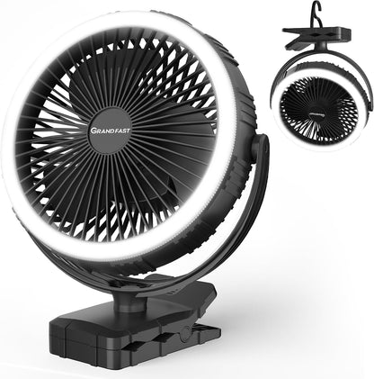 10000mAh Portable Fan with Clip, Rechargeable Clip On Fan with Light & Hook, 3 Strong Airflow & Timer, Battery Powered, Clamp On Desk Fan for Travel Outside Camping Sleep Bedroom Office RV Hurricane