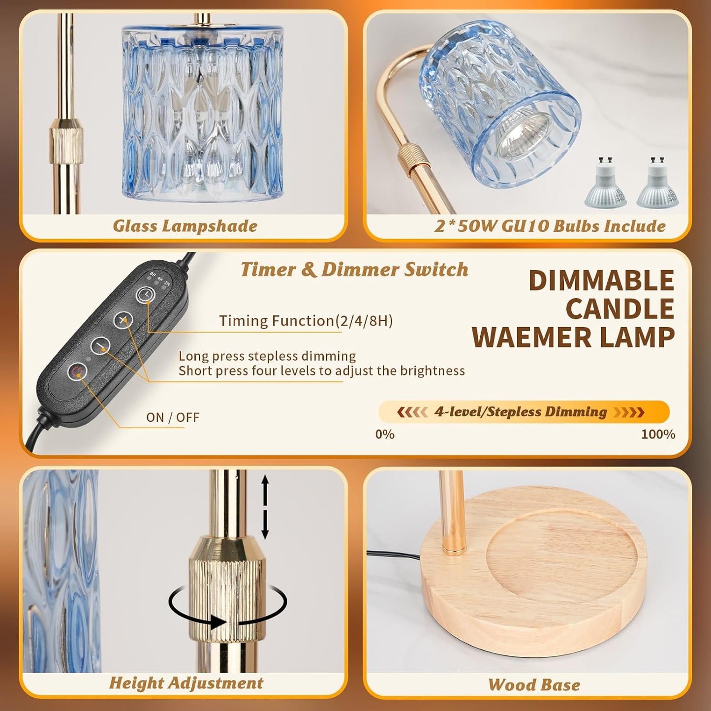 Candle Warmer Lamp with Timer and Dimmable, Electric Wax Melt Candle Warmers Height Adjustable with 2 Bulbs, Birthday Gifts for Women House Warming, Home Decor for Scented Jar Candles(Clear)