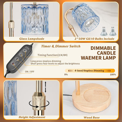 Candle Warmer Lamp with Timer and Dimmable, Electric Wax Melt Candle Warmers Height Adjustable with 2 Bulbs, Birthday Gifts for Women House Warming, Home Decor for Scented Jar Candles(Clear)