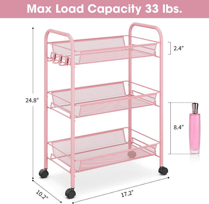 TOOLF 3-Tier Metal Rolling Cart, Mesh Wire Easy Assemble Utility Cart, Storage Trolley on Wheels with 3 Hooks, MetalStorage Shelving Units for Kitchen Bathroom Laundry Room