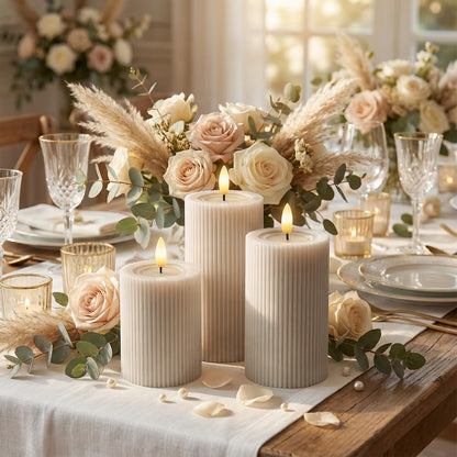 Fluted Ribbed LED Pillar Candles, Cream Beige, with Reflective Melted-Wax Effect – Flickering Flame, Remote, Dimmable, Flameless, Battery Operated, Home & Wedding Decor (Set of 3)