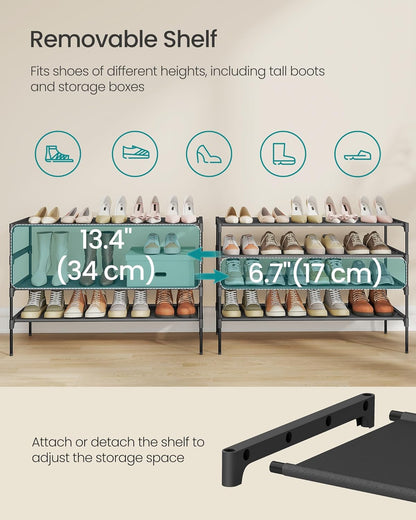 SONGMICS Shoe Rack, 2-Tier Shoe Storage Organizer, Space-Saving, 11.7 x 16.5 x 12.2 Inches, Entryway, Metal Frame, Non-Woven Fabric Shelves, Ink Black ULSH012BH01