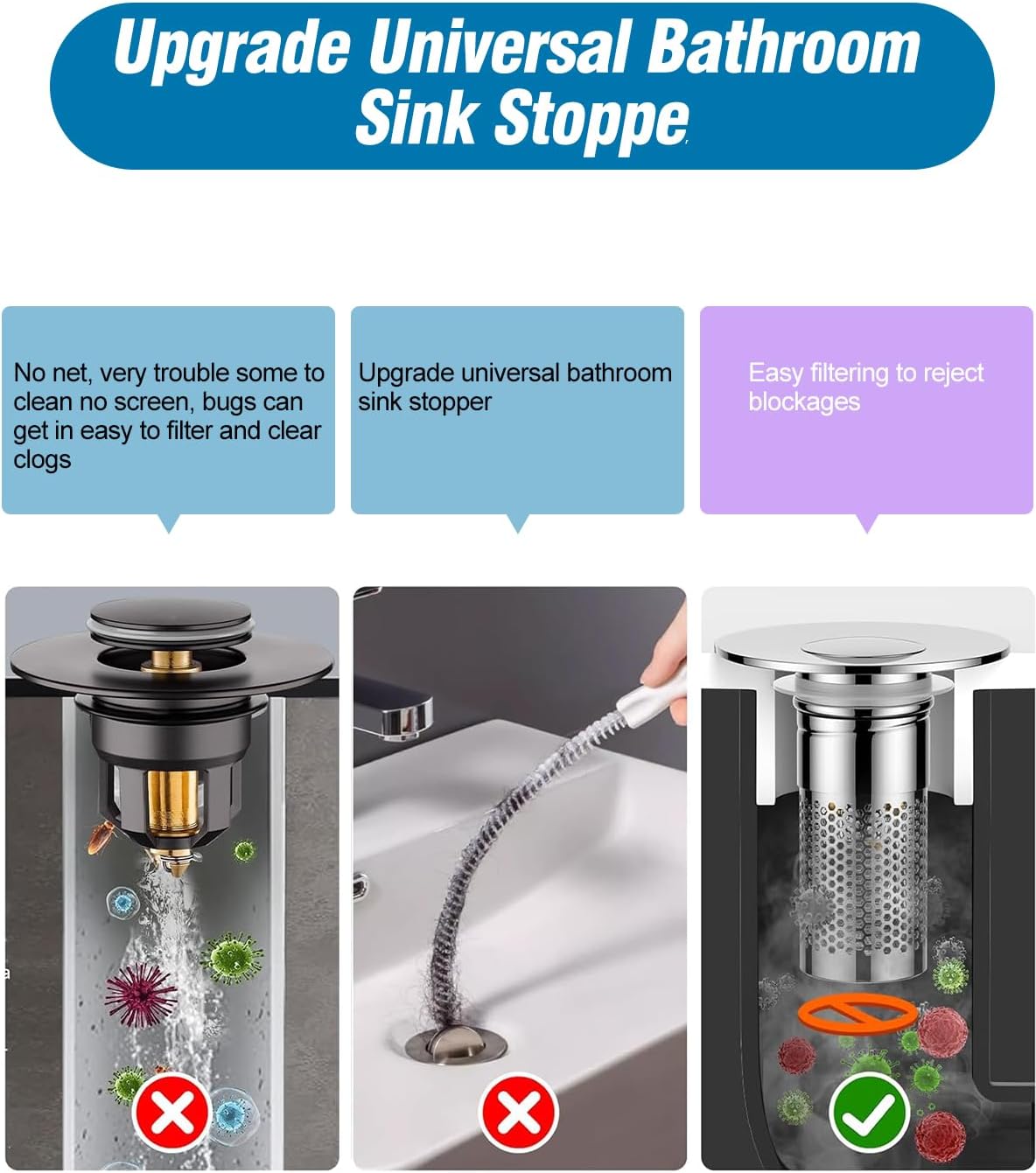Bathroom Sink Drain Strainer,Pop-up Sink Drain Strainer for U.S. Standard Universal,Hair Catcher Sink Stopper with Removable Stainless Steel Filter Basket