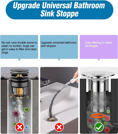 Bathroom Sink Drain Strainer,Pop-up Sink Drain Strainer for U.S. Standard Universal,Hair Catcher Sink Stopper with Removable Stainless Steel Filter Basket