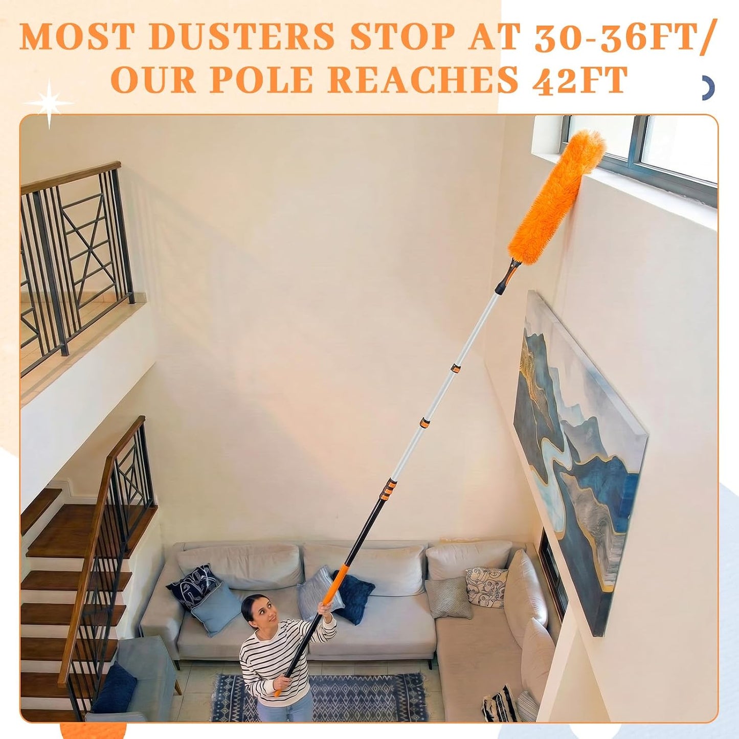 36ft Extra Long High Ceiling Duster with Extension Pole, Long Reach Cleaning Kit for Ceiling Fans, Windows & Cobwebs, Telescoping Pole with 6 Attachments for Home Church Warehouse Cleaning