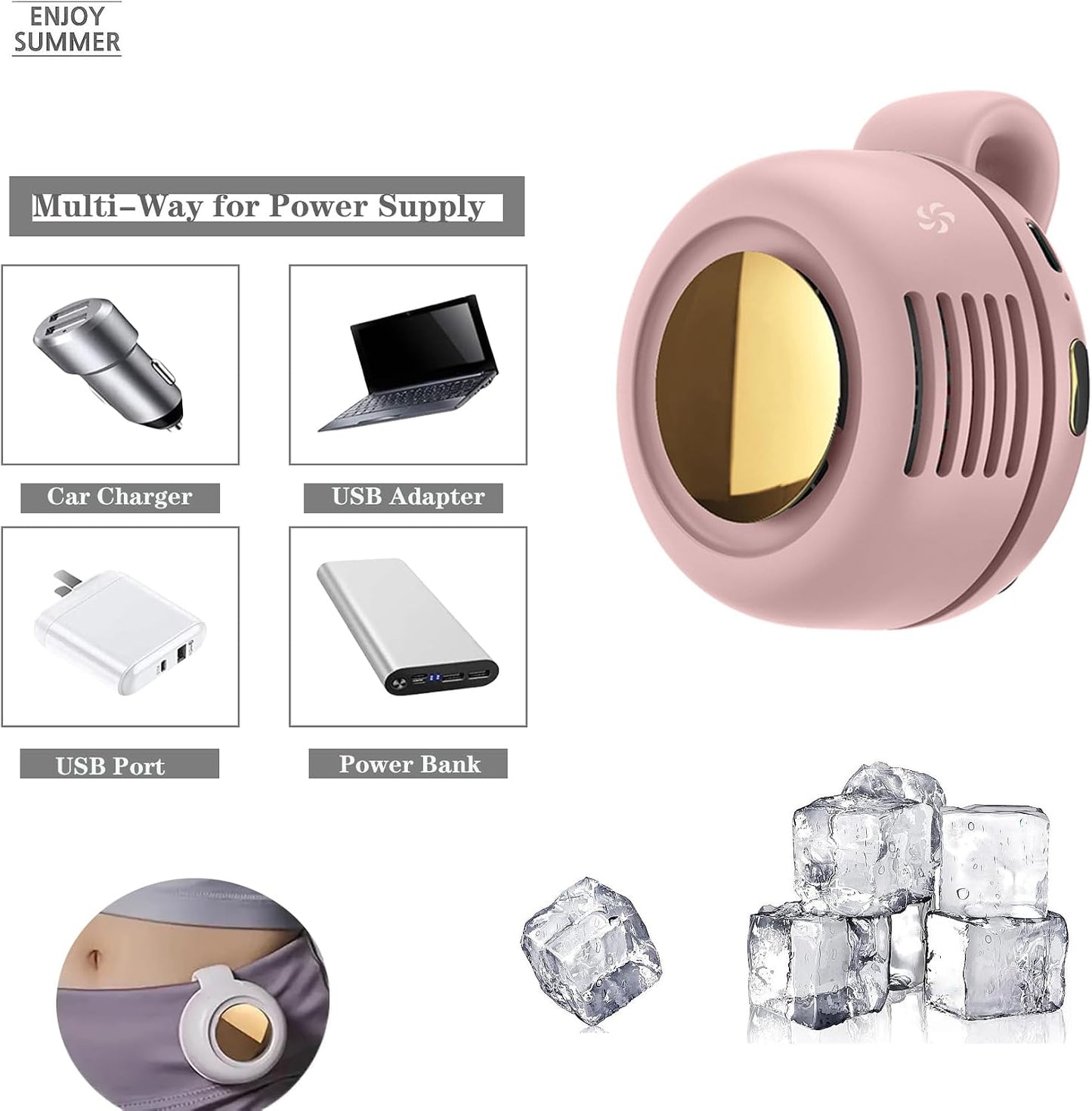 Portable Silent Bladeless Clip On Fan, Mini Fan With Clip, Rechargeable Personal Held Fans, Adjustable 3-Speed Suspended Waist Fans for Outdoor,Camping,Travel,Office (Pink)