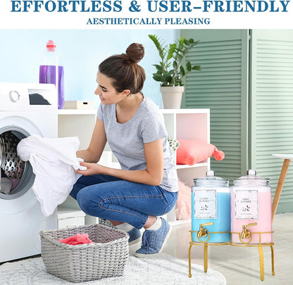 Glass Laundry Detergent Dispenser- 1 Gallon Glass Fabric Softener Dispenser with Leak-Proof Stainless Steel Faucet & Stand. Large Laundry Soap Container for Washer Room Organization &Storage