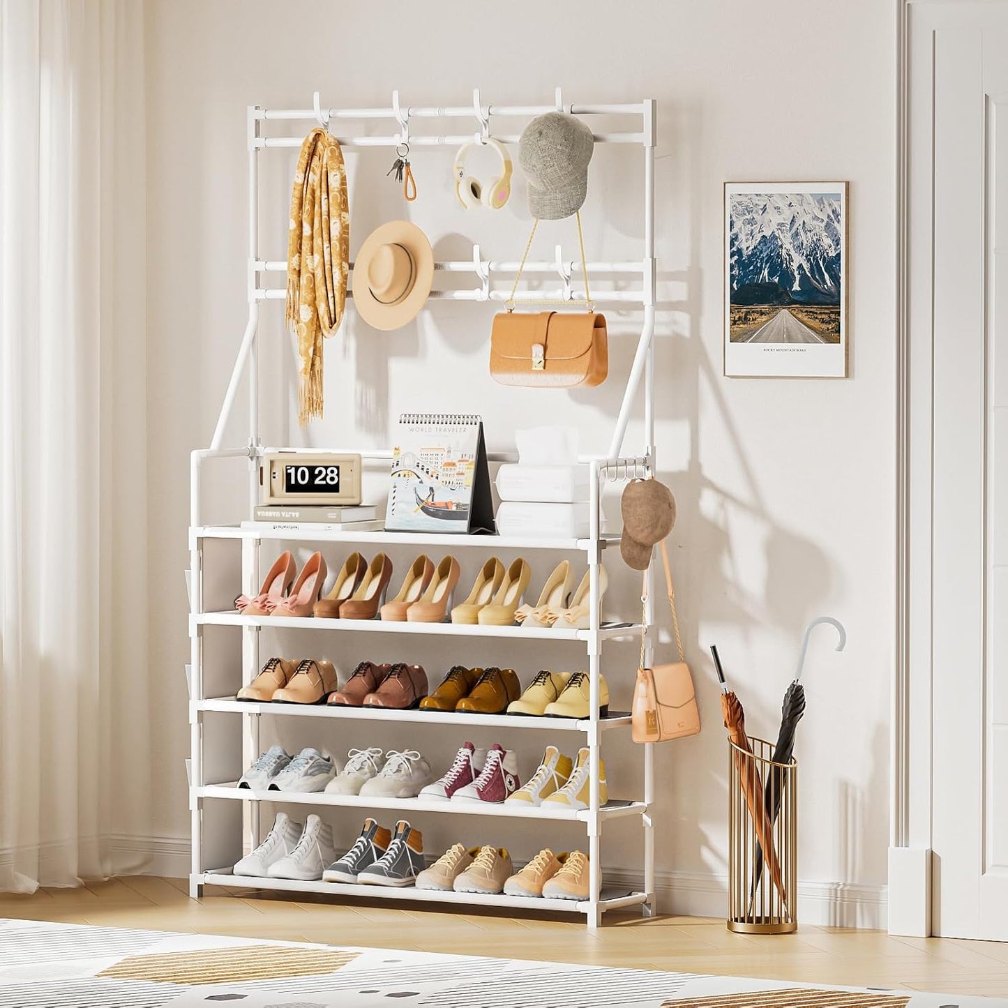 OYREL Shoe Rack, 5 Tier Shoes Storage Organizer, with Functional Hooks and Side Pocket, 20-25 Pairs, for Closet/Entrance/Entryway, Sneaker and Boot Stackable Free Standing Shoe Rack