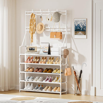 OYREL Shoe Rack, 5 Tier Shoes Storage Organizer, with Functional Hooks and Side Pocket, 20-25 Pairs, for Closet/Entrance/Entryway, Sneaker and Boot Stackable Free Standing Shoe Rack
