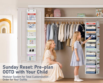 DIMJ Hanging Closet Organizer 2 in 1 - Weekly Clothes Organizer for Kids Over the Door Organizer 6-Shelf Daily Monday Friday Weekend Hanging Shelves, for School Outfits, Baby Clothes, Grey