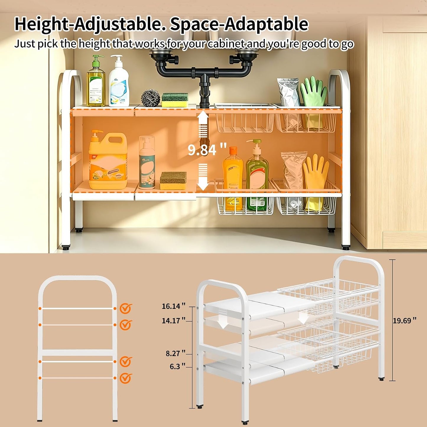 2 Tier Under Sink Organizer Expandable Length/Height Adjustable Heavy | Length/height adjustable fits any cabinet, 4 removable shelves/baskets, anti-wobble feet, for kitchen/bathroom/laundry