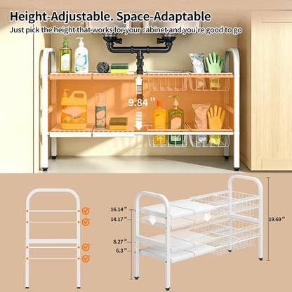 2 Tier Under Sink Organizer Expandable Length/Height Adjustable Heavy | Length/height adjustable fits any cabinet, 4 removable shelves/baskets, anti-wobble feet, for kitchen/bathroom/laundry