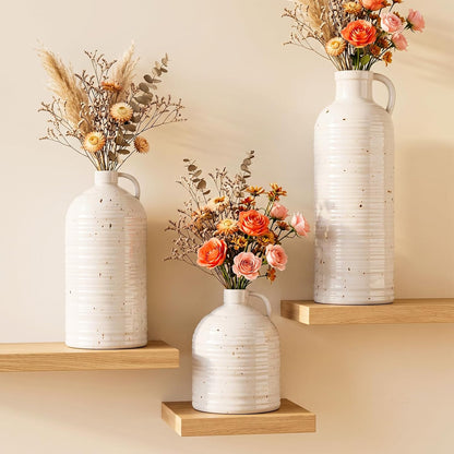 Firehold Ceramic Vase Set of 3, Rustic Farmhouse Boho Vases, Textured Country Home Decor, Small Decorative Vases for Shelves Mantel Table, Gift Set for Dried Pampas Grass & Fresh Flowers (White)