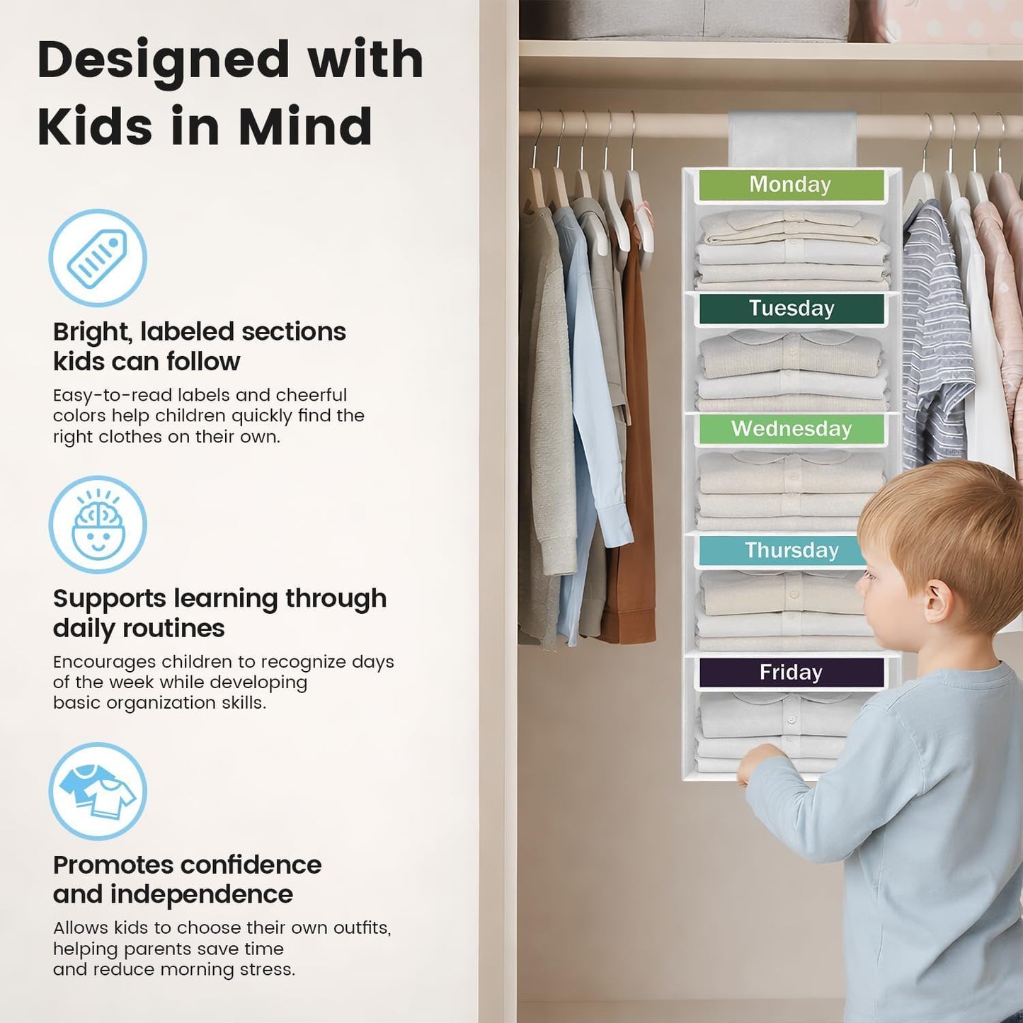 Weekly Clothes Organizer for Kids, 5-Shelf Kid Hanging Closet Organizer w/ 6 Side Pockets, Labeled Weekly Outfit Organizer for Kids, Days of The Week Clothes Organizer Monday Through Friday White