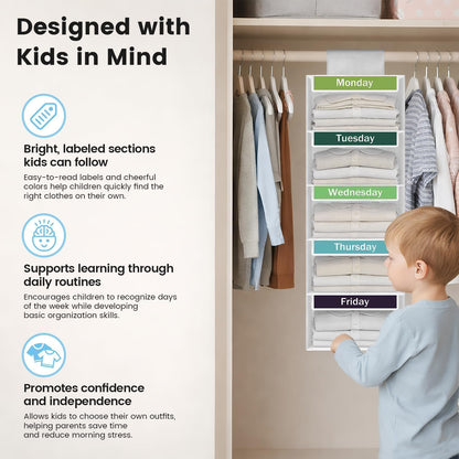 Weekly Clothes Organizer for Kids, 5-Shelf Kid Hanging Closet Organizer w/ 6 Side Pockets, Labeled Weekly Outfit Organizer for Kids, Days of The Week Clothes Organizer Monday Through Friday White