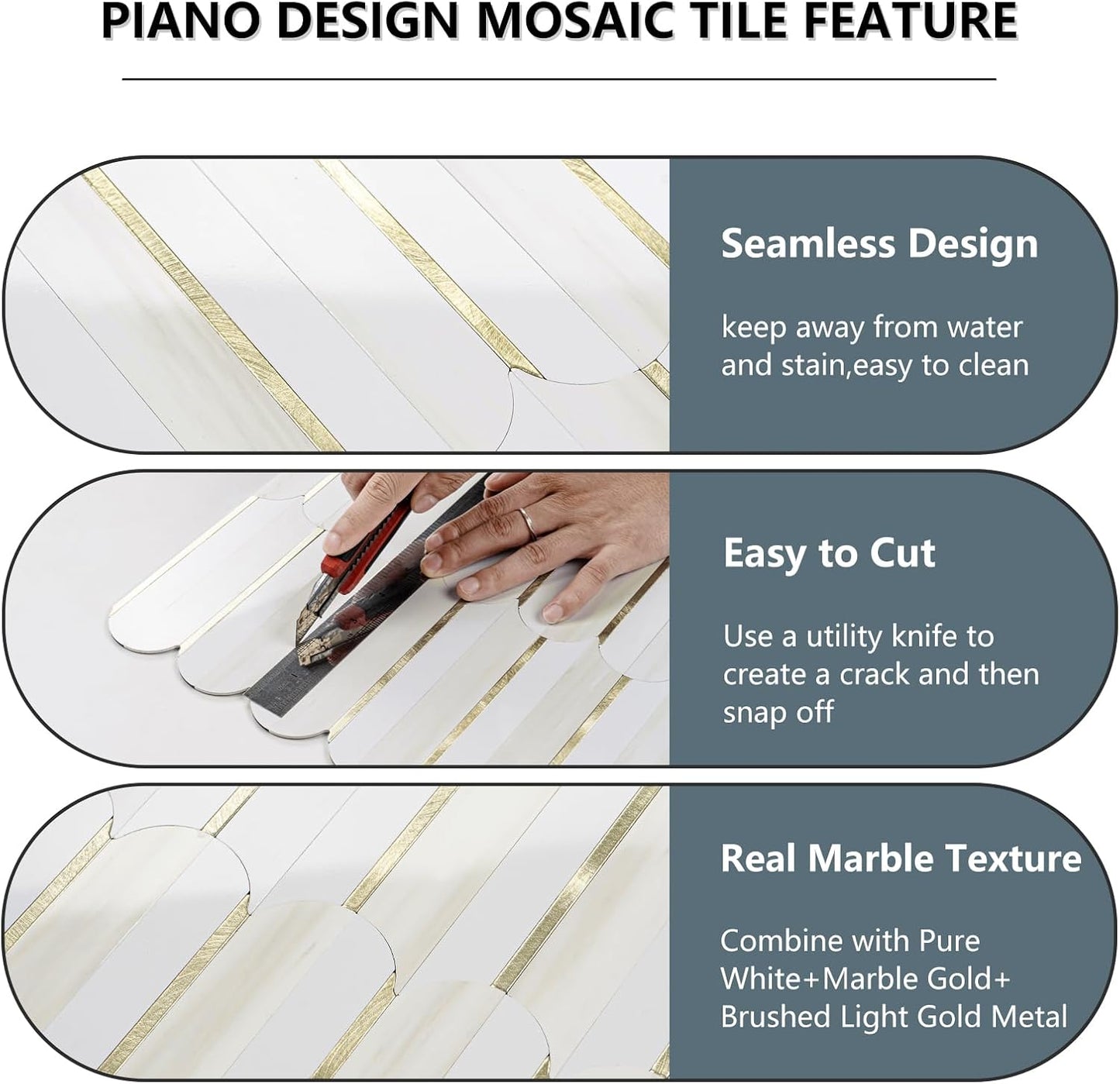 Vamos Peel and Stick Backsplash Seamless Tile for Kitchen and Bathroom,White and Beige Slate PVC Mixed Light Gold Self Adhesive Fish Scale Metal Mosaic Tiles (10 Sheets)