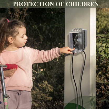 Locking Weatherproof Outlet Cover, Clear in-Use Box | Outdoor plug lock box, child-resistant outlet protection, fits plugs up to 2.6" H x 2.5" W