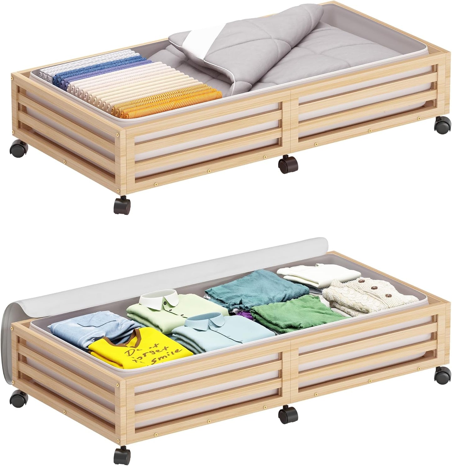 Wisuce 2 Packs Bamboo Under Bed Storage Organizer with Wheels White Small | 360° Lockable Wheels,120lbs Load Capacity, Multi-scene ,Dustproof Clear Storage Bag, Large Capacity,Easy Quick Assembly