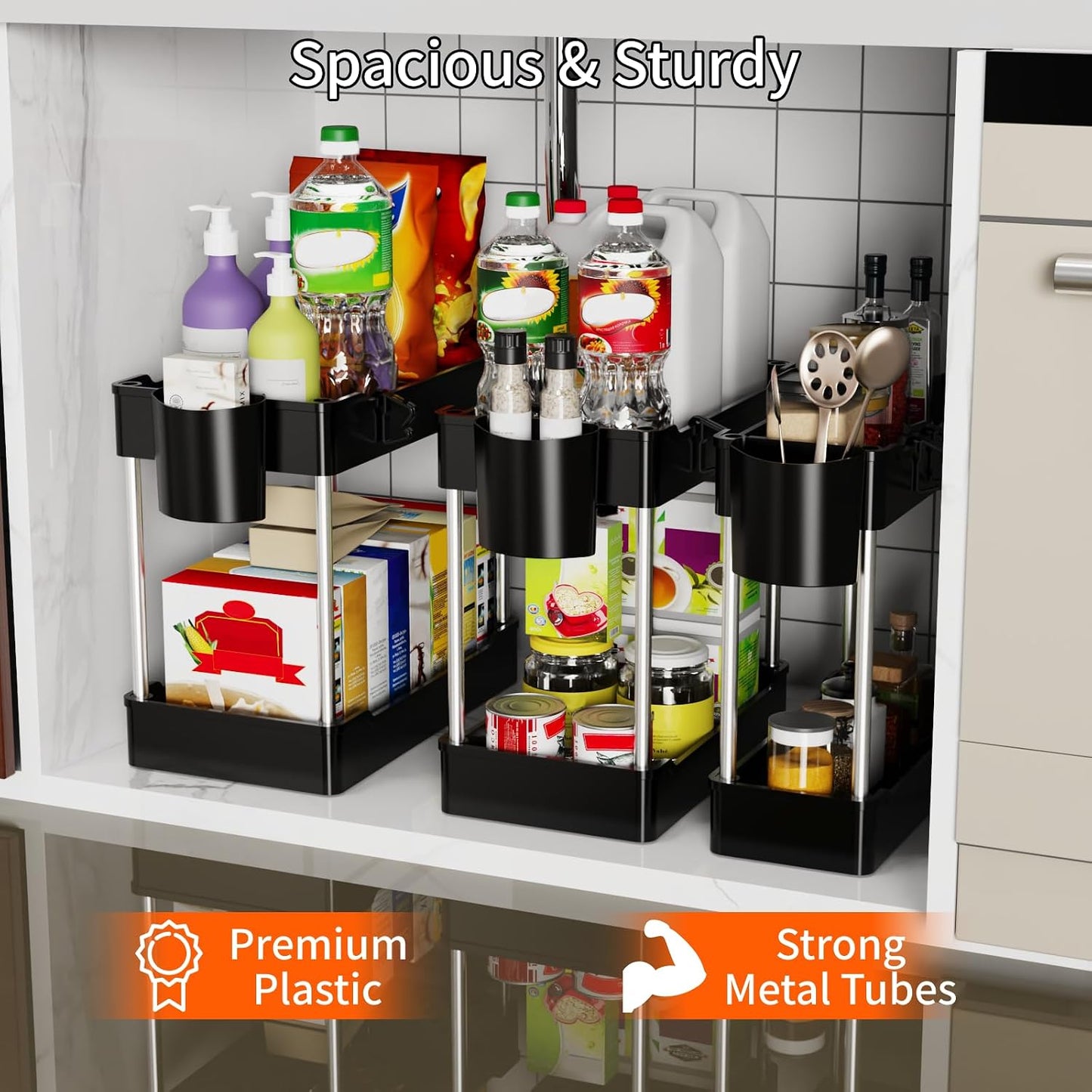 3 Pack Under Sink Organizer Bathroom and Storage Cabinet (White) | 2 Tier with Hanging Cups for Kitchen