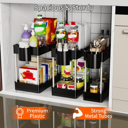 3 Pack Under Sink Organizer Bathroom and Storage Cabinet (White) | 2 Tier with Hanging Cups for Kitchen