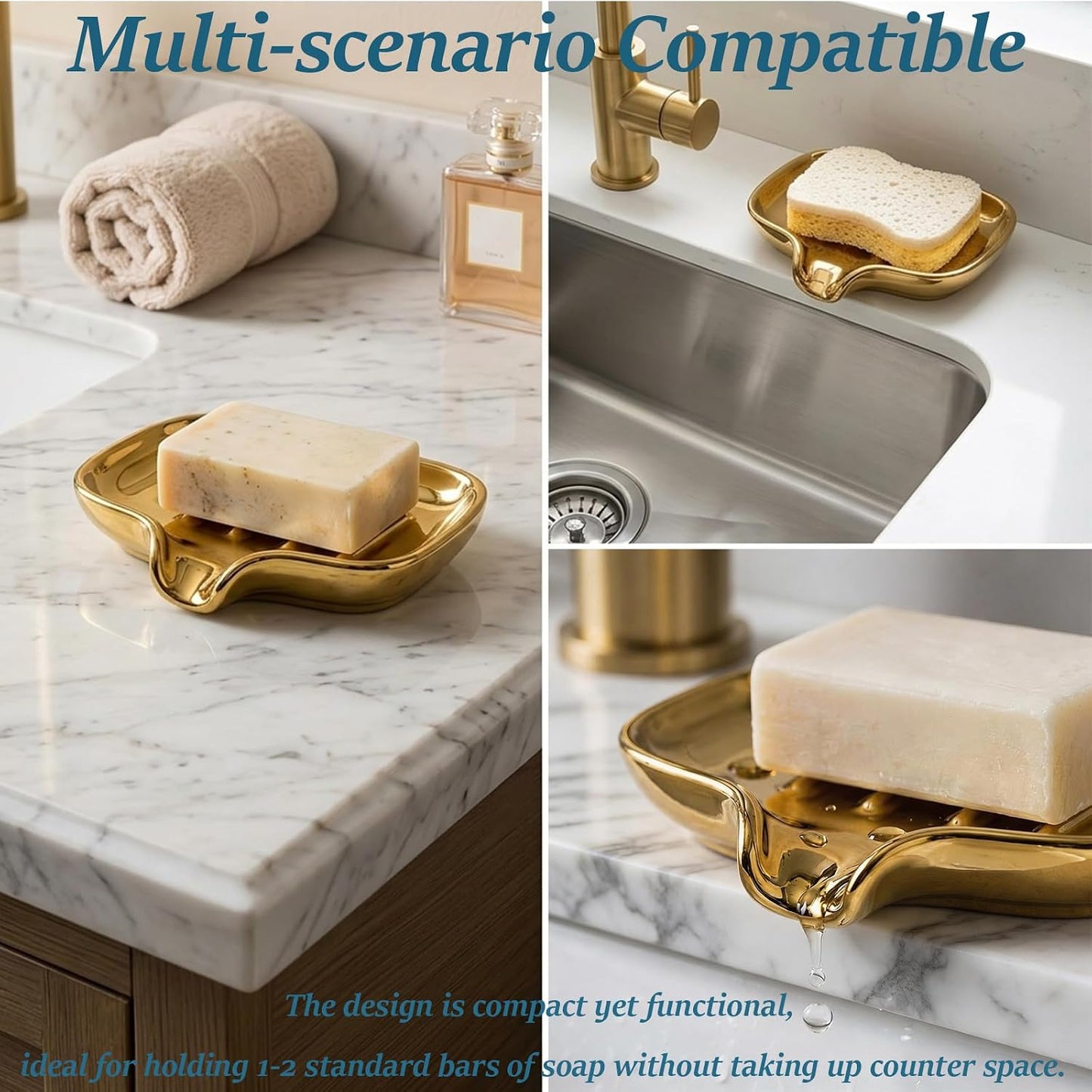 Polished Silver Soap Dish | Self-Draining Bar Soap Holder with U-Shaped Drainage, Decorative Soap Tray for Bathroom Shower & Kitchen Sink