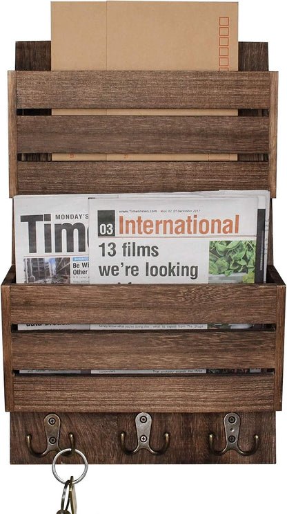 Unistyle Mail Organizer with 4 Hooks, Rustic Brown Wall Mount, Cedar Wood Key Holder for Letters, Magazines, Keys, Dog Leashes