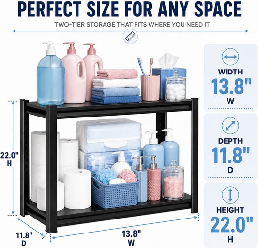 Over Washer and Dryer Shelves, Adjustable 2 Tier Metal Laundry Room Organizer and Storage Rack, Heavy Duty Utility Shelving Unit, 14"Wx 12"Dx 22"H Rust Resistant Steel Freestanding Shelf, Black