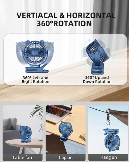 GOTOTO Clip on Fan, Rechargeable Portable Fan with 2000mAh Battery Operated, Small Fan with Powerful Clip Design, 3 Wind Speed, 360° Rotation, Ultra-Low Noise Level Personal Fan for Travel