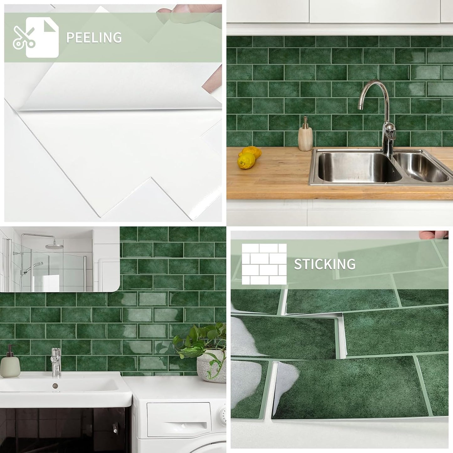 10-Sheet Thick Peel and Stick Kitchen Backsplash Tiles(Green,12"×12") | 3D Subway Waterproof Self-Adhesive Wall Tile Stick on Backsplash for Kitchen and Bathroom