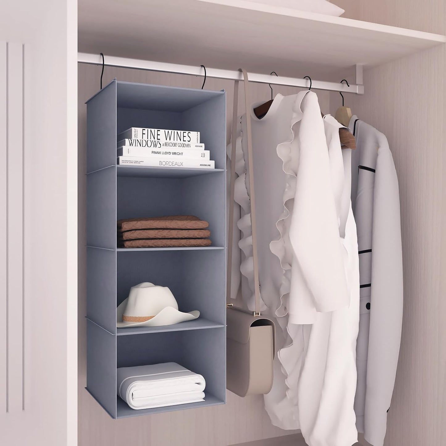Hanging Closet Organizer 3-Shelf, Oxford Fabric Wardrobe Storage, Gray | Easy-mount foldable design holds clothes, handbags, shoes & accessories; washable Oxford fabric, sturdy and space-saving.