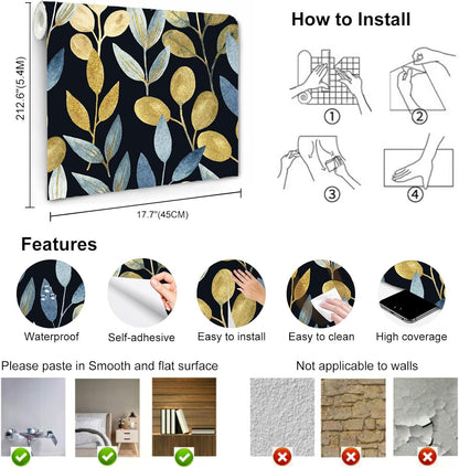 Blue Gold Leaf Peel and Stick Wallpaper Modern Self Adhesive Contact Paper Waterproof Removable Wall Paper for Bathroom Living Room 17.7"x70.8" Luxury Decorative Wallpaper