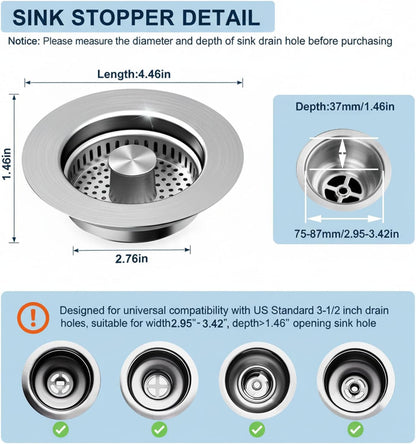 3-in-1 Kitchen Sink Drain Strainer, Pop Up Sink Stopper with Anti-Clogging Basket, 304 Stainless Steel Kitchen Sink Drain Strainer, Food Catcher for US Standard 3-1/2 inch Drain Hole