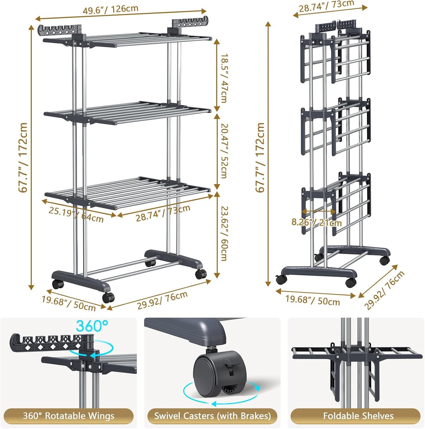PurKeep 𝐔𝐩𝐠𝐫𝐚𝐝𝐞 Clothes Drying Rack with Wheels, 4 Tier Folding Drying Rack, Heavy Duty Laundry Drying Rack with Expandable Side Wings, Indoor Outdoor Clothes Air Drying Rack for Large Family