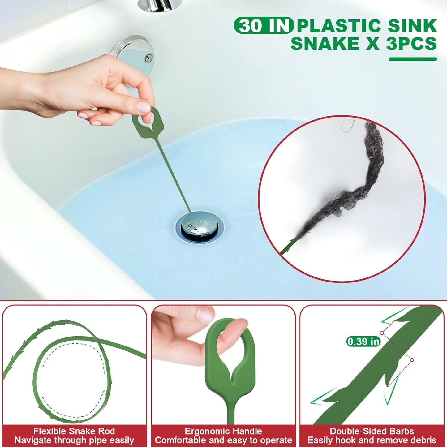 EastLink Drain Snake 18 Set: 35.5" Drain Clog Remover (x1), 30" Steel Hair Snake (x3), 30" PET Sink Snake (x3), 59" Tube Drain Brush (x2), 17" Dryer Vent Cleaner Brush (x1), Straw Cleaner Brush (x8)