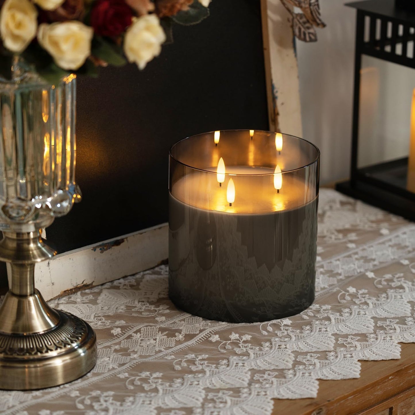 Homemory Green Glass Flameless Candles, Battery Operated LED Pillar Candles with Remote Control and Timer, Radiance Candles, Real Wax, Set of 3,D3 xH4 5" 6"