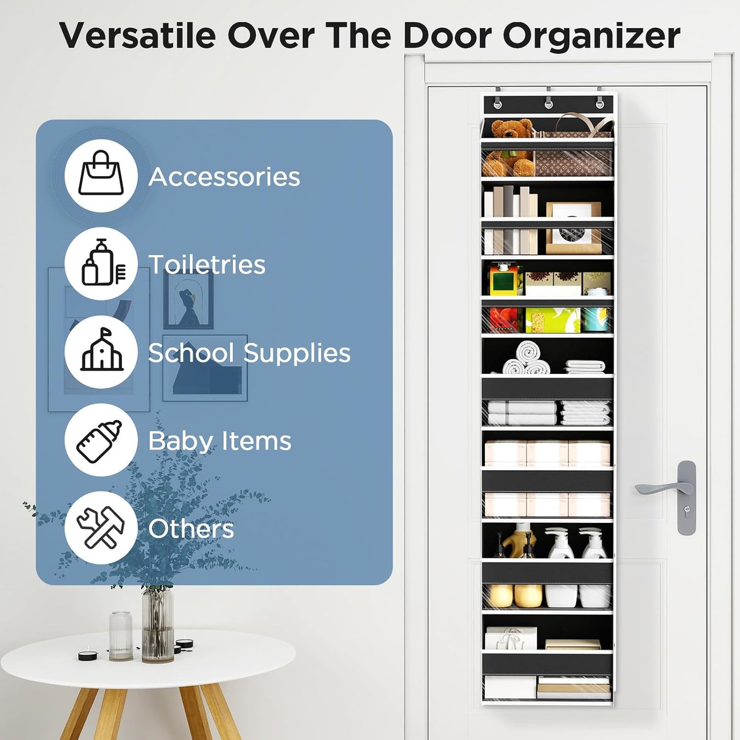 6 Tiers Over The Door Organizer, Heavy Duty Hanging Organizer Storage with Large Capacity Pockets, Behind Door Storage Hanging Shelves for Closet Wall Bathroom Bedroom Nursery Pantry, 1 Pack Grey