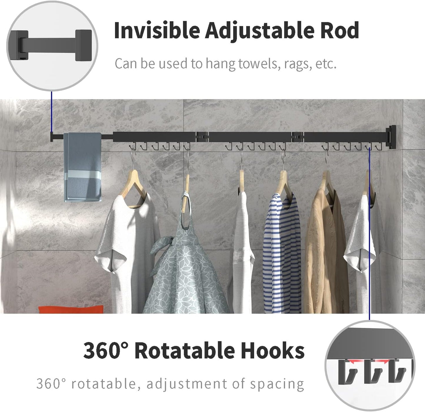 ptlsy Wall Mounted Portable Folding Clothes Drying Rack with Hooks,Space Saver Clothes Hangers Design Universal for Balcony, Mudroom, Bedroom, Kitchen, Foldable Laundry Rack (3-Pole Black)