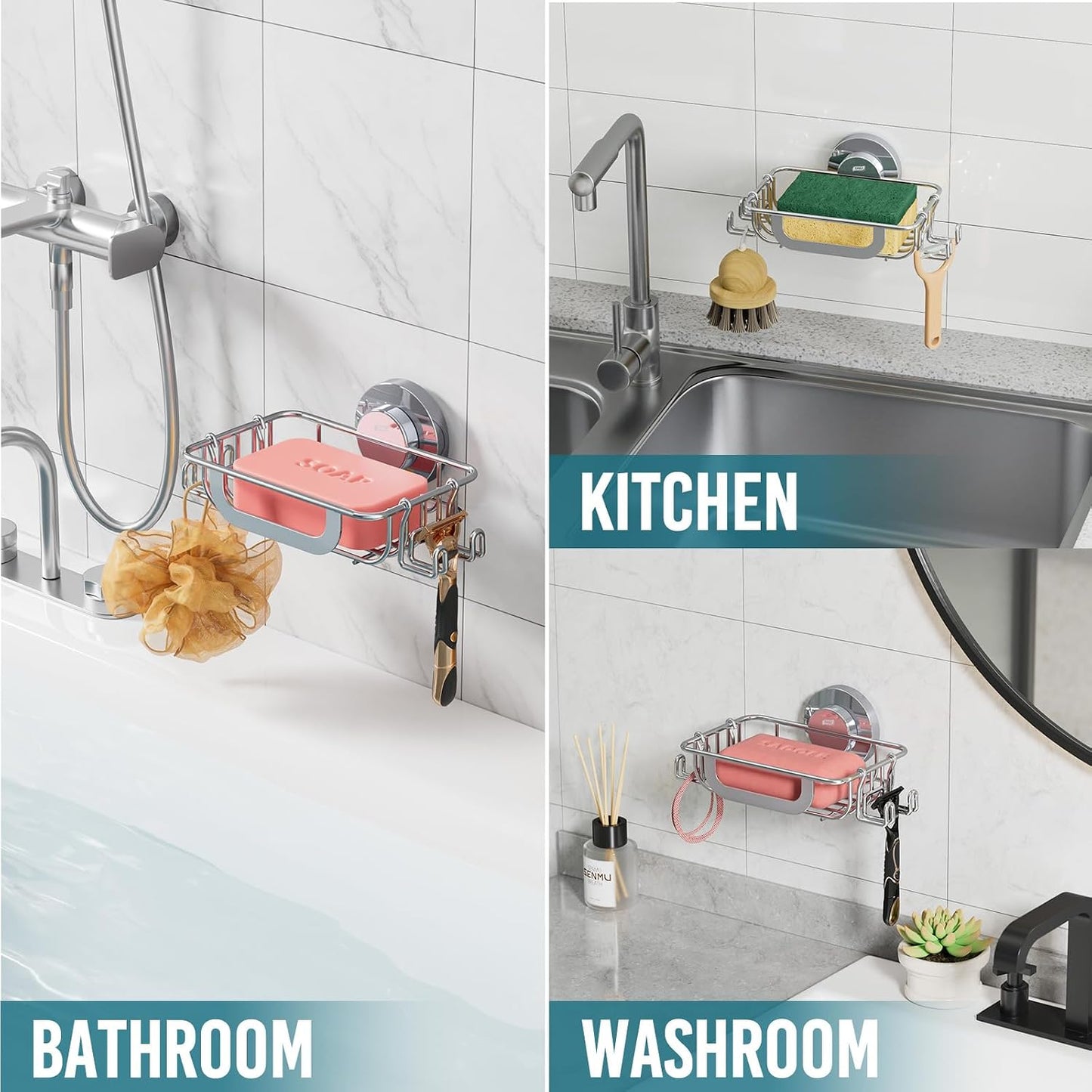 TAILI Soap Holder for Shower – Suction Cup Bar Soap Dish with Hooks, Rustproof Stainless Steel, Self-Draining Sponge Holder with Razor Holder for Bathroom & Kitchen, Black