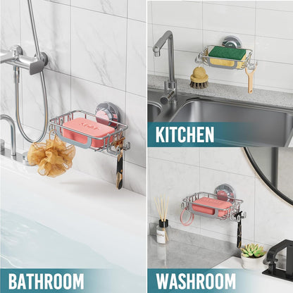 TAILI Soap Holder for Shower – Suction Cup Bar Soap Dish with Hooks, Rustproof Stainless Steel, Self-Draining Sponge Holder with Razor Holder for Bathroom & Kitchen, Black