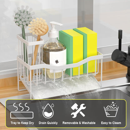 Maifan Sink Caddy Sponge Holder for Kitchen with Brush Holder and Stainless Steel Self Drain Tray, Rustproof Kitchen Sink Organizer for Sponge, Soap Dispenser Storage Accessories (Lacquer Silver)