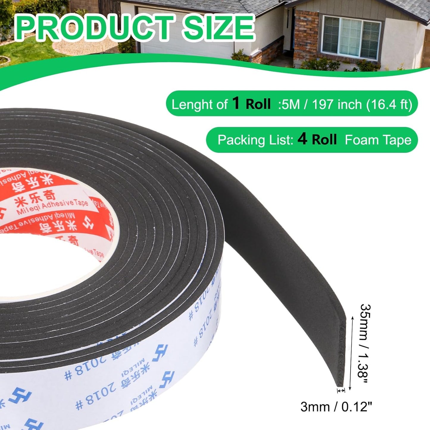 PATIKIL Sponge Rubber Foam Tape, 5/8" W x 1/8" t x 16.4ft l Self-Adhesive Foam Insulation Tape Weather Stripping for Window Door Soundproofing Weatherstrip AC Seal Strip, Black
