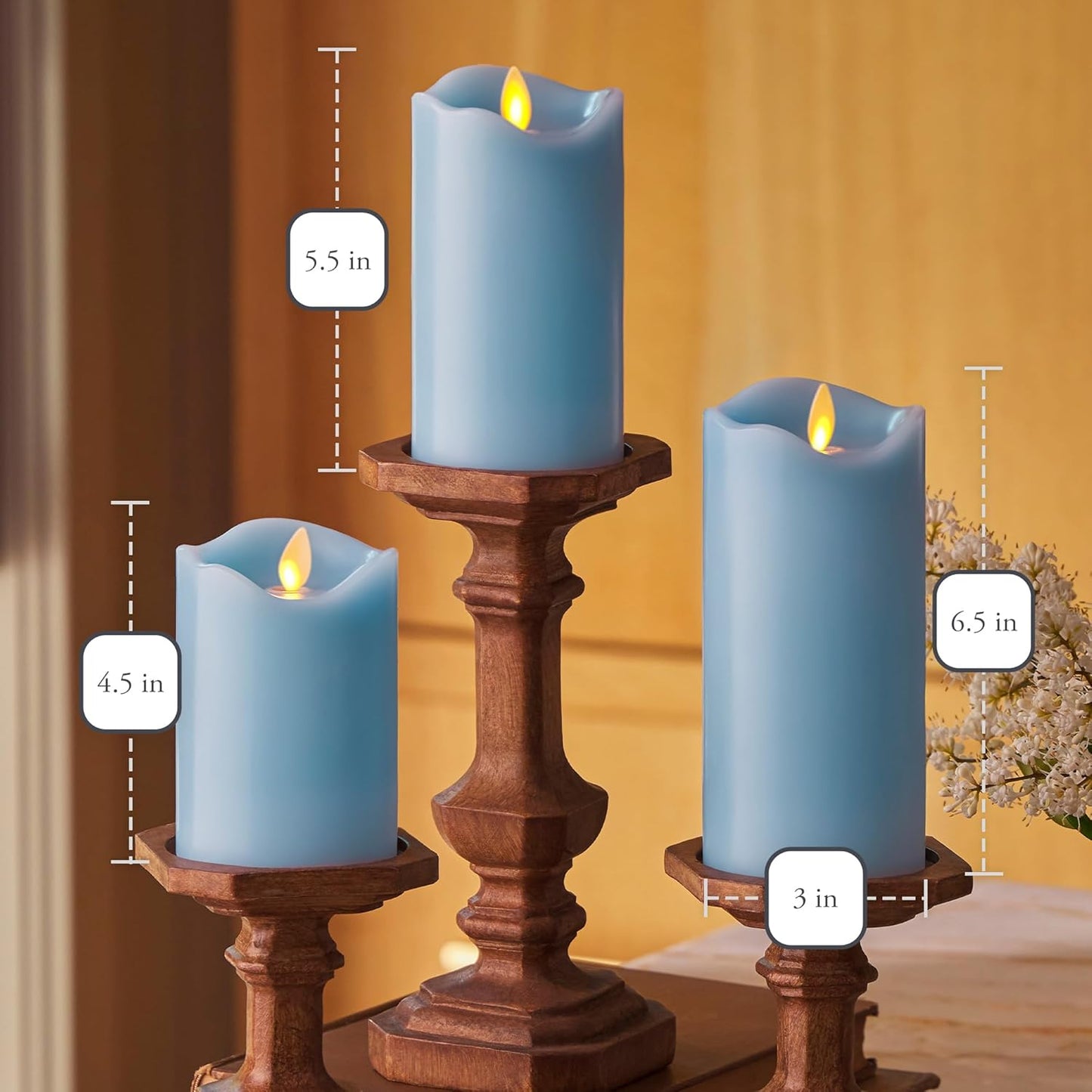 Matchless Candle Co. by Luminara Set of 3 Flameless LED Flickering Moving Flame Pillars (3" x 4.5", 5.5", 6.5"), Melted Unscented Real Wax Edge w/Smooth Finish, AA Battery Operated, Pearl Ivory