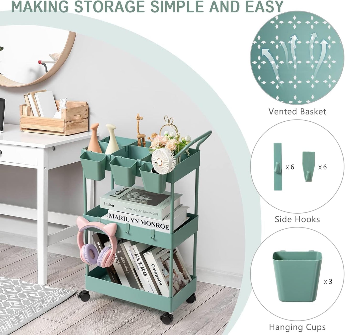 danpinera Storage Cart on Wheels, 3 Tier Slim Laundry with Wheels Bathroom Organizer with Hanging Cups Hooks Dividers Handle Mobile Rolling Art Cart for Bathroom Kitchen Narrow Places, White
