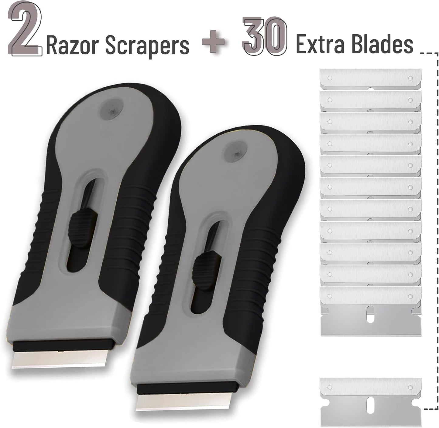 Bates- Razor Blade Scraper Tool, 2 Pack, 30 Extra Stainless Steel Blades, Anti-Slip Ergonomic Handle Design, Razor Scraper Set for Cleaning Window, Paint, Oven, Glass, Stove
