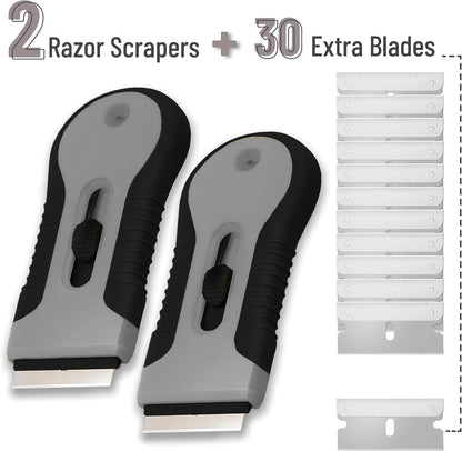 Bates- Razor Blade Scraper Tool, 2 Pack, 30 Extra Stainless Steel Blades, Anti-Slip Ergonomic Handle Design, Razor Scraper Set for Cleaning Window, Paint, Oven, Glass, Stove