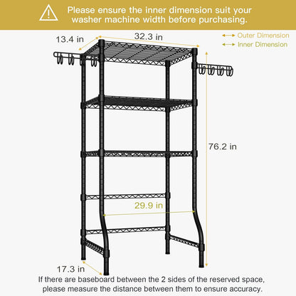Ulif U8 Mini Laundry Room Storage Organizer, Over the Washer and Dryer Storage Shelves for Laundry Organization, 29.5”W x 17.3”D x 76.2”H, Suit Washing Machine Width within 27.1”, Hold 304 lb, Black