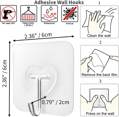 DGYB 20 Pcs Clear Adhesive Hooks for Hanging 22lb Self Adhesive Wall Hooks Heavy Duty Waterproof Transparent Sticky Hooks for Shower Home Bathroom Kitchen Office