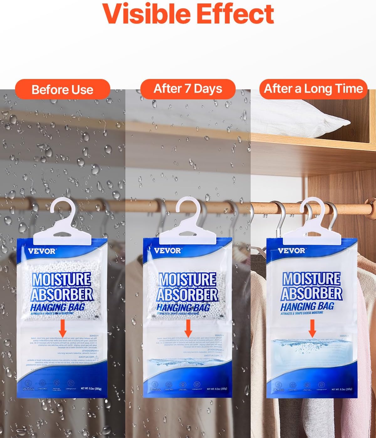 VEVOR Hanging Moisture Absorber, 9.3 oz Hanging Closet Dehumidifier Bags(10 Packs), Fragrance Free Moisture Bags in Wardrobes, Bedrooms, Bathrooms